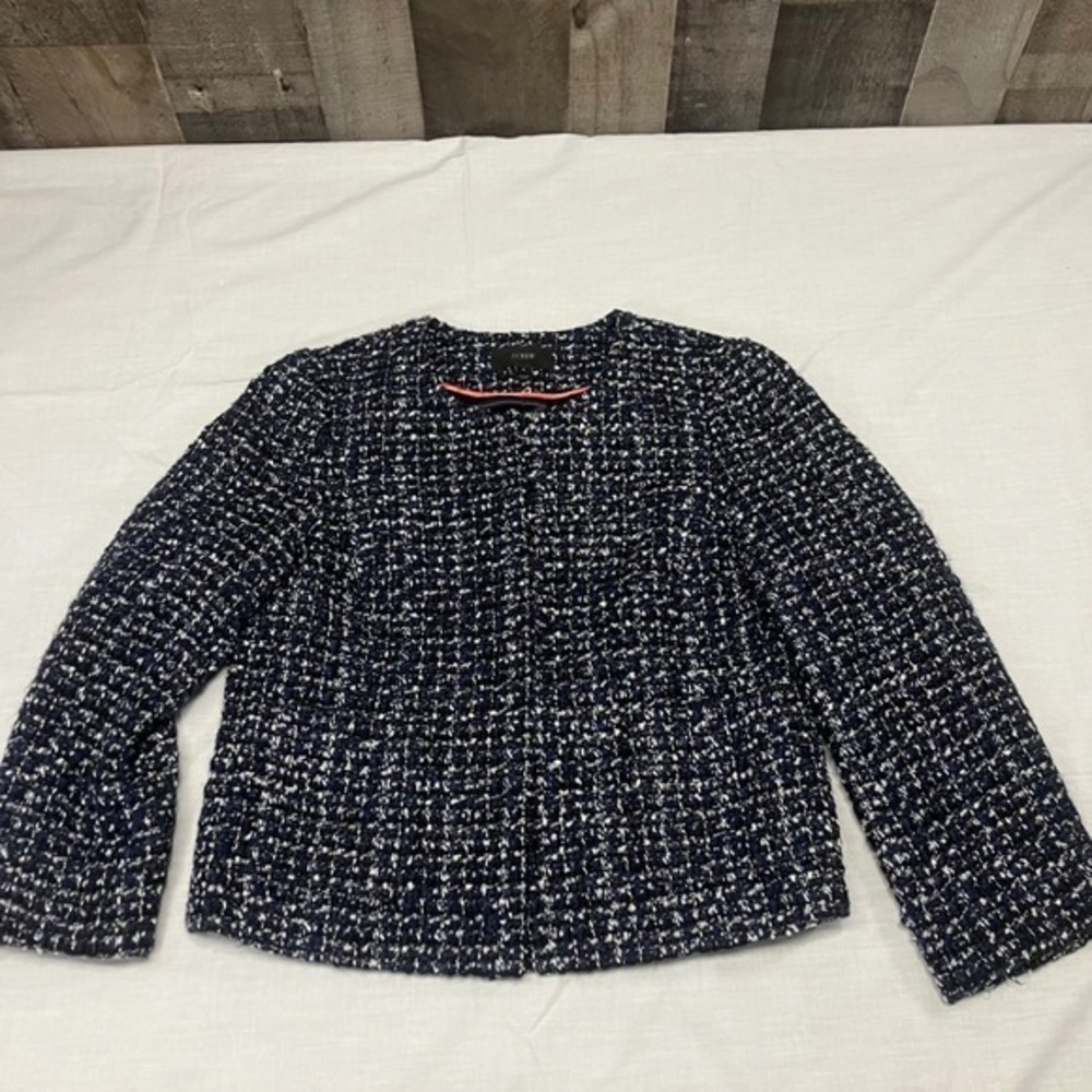 J. Crew Tweed Hook Front Blazer Navy Blue White Black Metallic Silver Women's 8